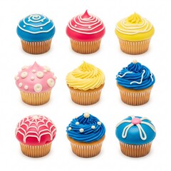 An assortment of colorful cupcakes with vibrant frosting and decorative patterns,
