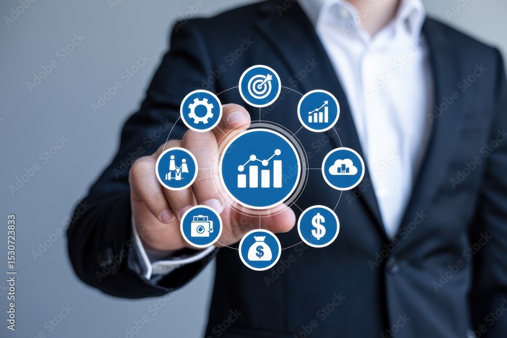 Poster a person interacts with a digital interface displaying business icons.