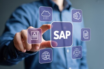 A hand interacts with a digital interface displaying sap software.
