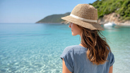 Serene beachside moment of contemplation under a sunny sky with tranquil water and gentle waves lapping at the shore