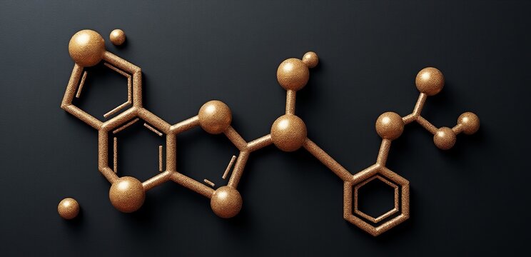 A stylized representation of insulin protein hexamer rendered in bronze against a dark canvas, showcasing luxury and vibrance in molecular art.