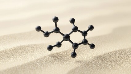 A serene representation of a serotonin molecule, featuring elegant atoms in charcoal and sand tones, isolated with subtle edge lighting against a minimal backdrop.