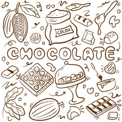 Chocolate doodle set. Different kinds of chocolate. Cocoa bean, chocolate box, chocolate bar in sketch style. Hand drawn vector illustration isolated on white