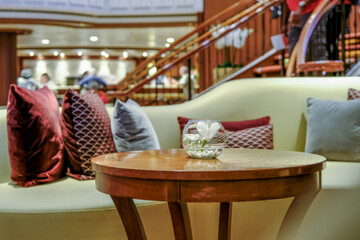 Opulent Art Deco interior architecture inside lobby, atrium or foyer on modern ocean liner style...
