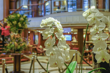 Opulent Art Deco interior architecture inside lobby, atrium or foyer on modern ocean liner style...