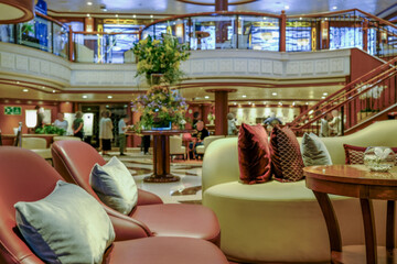 Opulent Art Deco interior architecture inside lobby, atrium or foyer on modern ocean liner style...