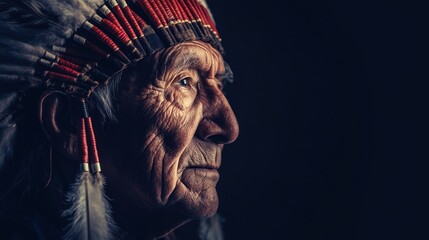 Native american chief wearing traditional headdress contemplating future