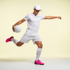 Soccer Player in White Uniform Kicking Ball Dynamic Action Shot Studio