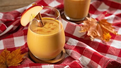 Fall smoothie blends pumpkin, cinnamon, and apple, surrounded by dried leaves, flannel cloth, and warm, inviting autumn light tones.