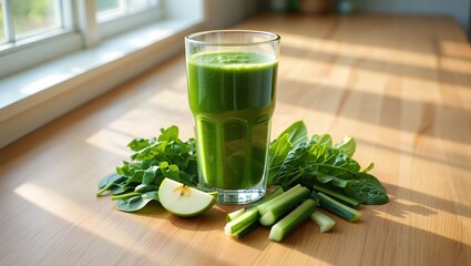 Vibrant green smoothie in clear glass surrounded by kale, spinach, green apple, and cucumber; sunlight filters softly through a kitchen window.