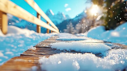 Snowy Wooden Walkway Leading to Mountain Range on Sunny Winter Day