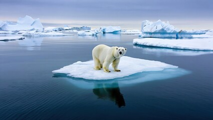 Lone polar bear stands on a melting ice floe beneath a gray sky, surrounded by drifting icebergs, symbolizing wildlife threatened by climate change.