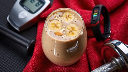 Close-up protein smoothie with peanut butter, banana, and oats, surrounded by gym weights, towel, and fitness tracker—fuel for active lifestyles.