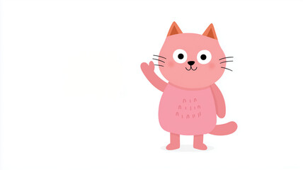Cute pink cartoon cat waving hand with cheerful expression on white background