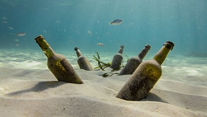 Underwater scene with rusted glass bottles floating amid ocean pollution—a stark reminder of plastic waste harming marine life.