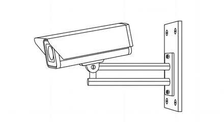 A line drawing of a security camera mounted on a wall with a bracket and visible screws shown