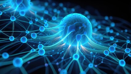 Glowing nodes and connecting strands form an abstract artificial neural network, illustrating digital intelligence and complex data flow.