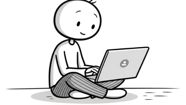 Black And White Stick Figure Using Laptop Computer