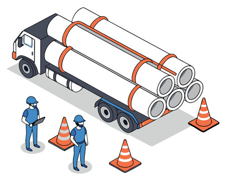 truck carrying pipes, workers, orange cones clip art preview