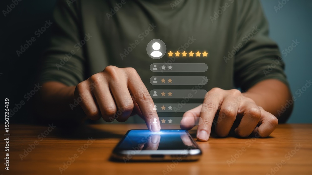 Poster person interacting with a mobile device displaying customer reviews.
