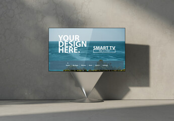 Large Smart Tv Mockup standing on cone metal stand in living room