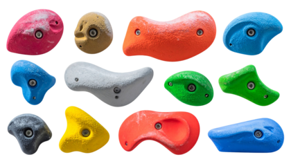 Set of grips different colors and shapes for climbing wall Isolated on Transparent or White Background