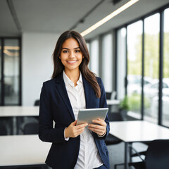 smiling young businesswoman holding a digital tablet in a modern office