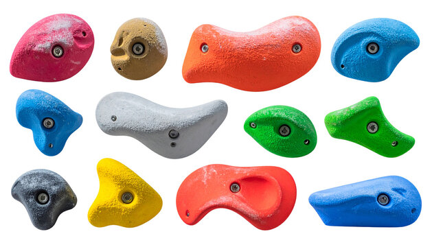 Set of grips different colors and shapes for climbing wall Isolated on Transparent or White Background