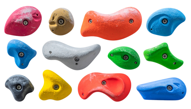 Set of grips different colors and shapes for climbing wall Isolated on Transparent or White Background