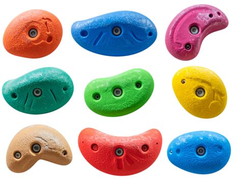 Set of grips different colors and shapes for climbing wall Isolated on Transparent or White Background