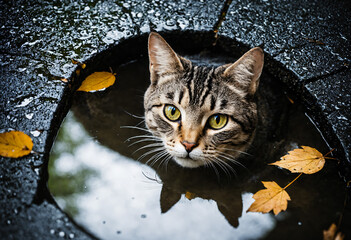cute funny cat in deep puddle with autumn leaves