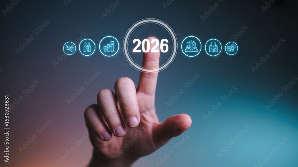 Aufkleber hand interacts with a futuristic interface displaying the year 2026 and related icons.