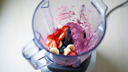 Mid-blend shot of a clear blender jug swirling vibrant fruits into a colorful smoothie; spinning blades blur with dynamic energy.