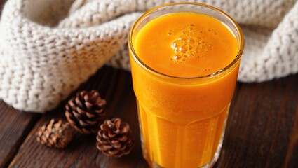 Bright orange citrus smoothie spiced with cinnamon and turmeric sits amid pine cones and a cozy knitted scarf in a warm, wintery setup.