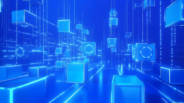 Abstract blue background with numbers, lines, and squares illustrating a futuristic digital network and global data communication concept