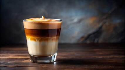 Aromatic layered coffee beverage in a clear glass, sitting on a dark wooden surface against a blurred background.
