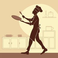 Silhouette of Woman Chef Cooking in Kitchen Wearing Chef Hat – Vector Illustration