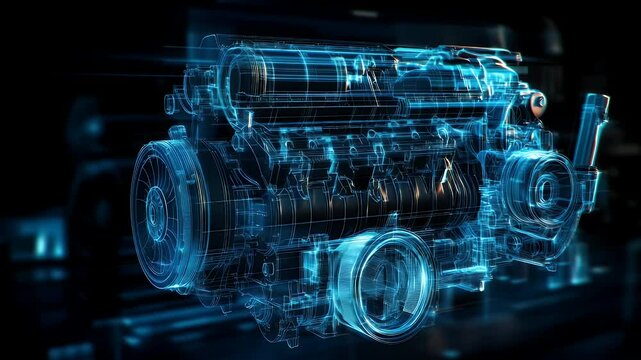 Blue, intricate engine components shown with semi-transparent, wireframe construction, against black