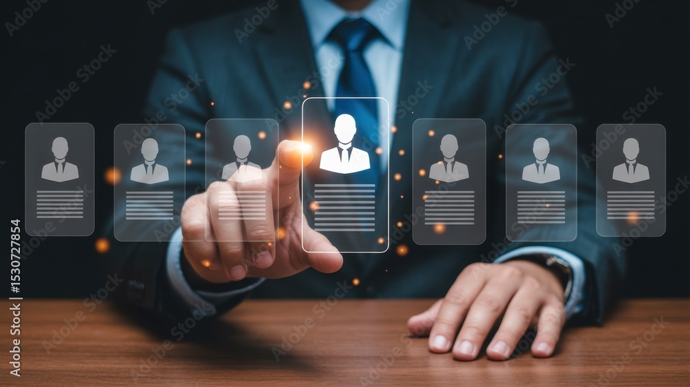 Poster a person selecting a candidate from a list of digital profiles.