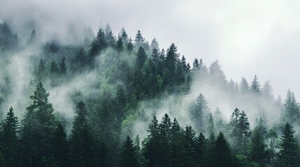 The dense pine forest is shrouded in mist and the greenery stands out against a soft white background, perfect for expressing tranquility or mystery, perfect as a backdrop for a nature theme.
