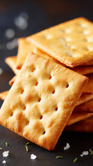 Crispy square crackers stacked with salt flakes on dark surface