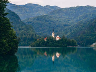 Fototapeta premium Lake Bled, Slovenia. Church on Bled Island