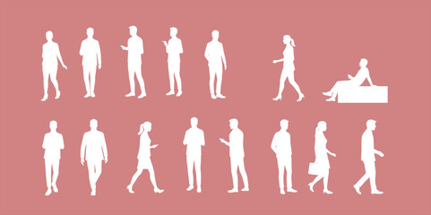 Silhouette vector illustrations of people, including men and women, depicting teamwork and diverse groups