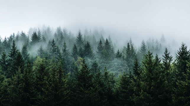The dense pine forest is shrouded in mist and the greenery stands out against a soft white background, perfect for expressing tranquility or mystery, perfect as a backdrop for a nature theme.