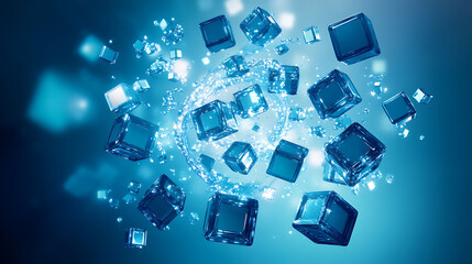 Abstract blue background with stars, a geometric pattern of 3D technology cubes