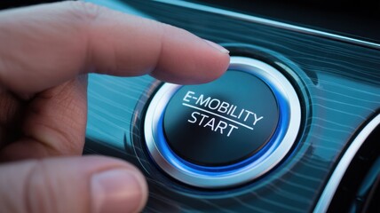 A finger presses the e-mobility start button.