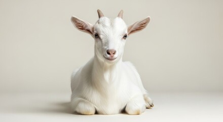 A white baby goat lying down on a white surface looking at the camera with a neutral background studio shot