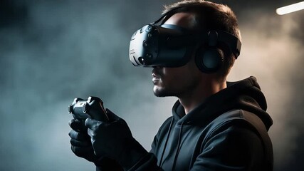Man wearing virtual reality headset playing immersive video game with controllers in dark foggy room intense gaming experience futuristic technology - Powered by Adobe