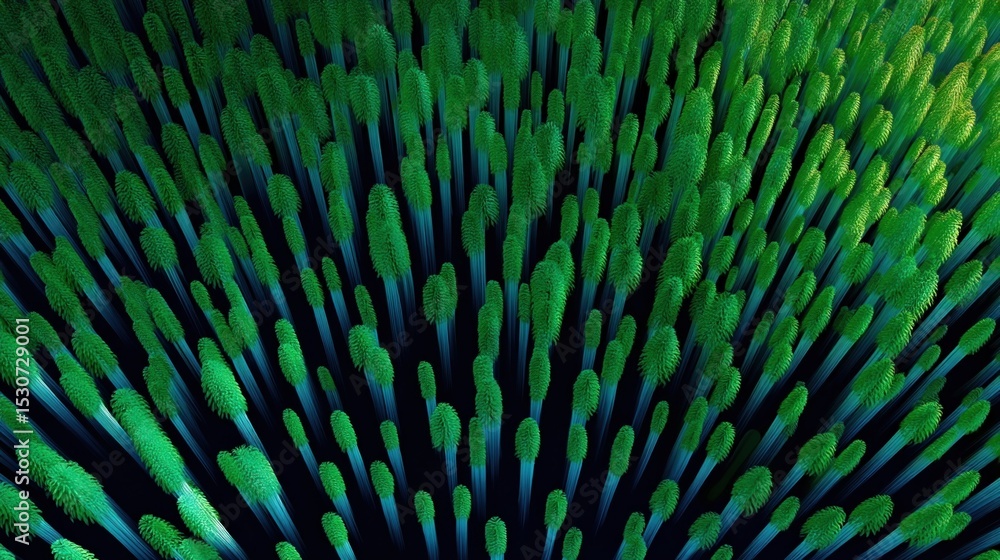 Poster aerial view of a sprawling biomirror forest showcasing uniform rows of luminescent foliage that gene