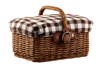 Elegant woven picnic basket with brown and white checkered fabric detailing